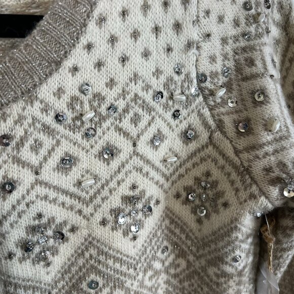 Telluride Clothing Co Cardigan Women S Cream Lambswool Fair Isle Metallic Beaded - Picture 5 of 11